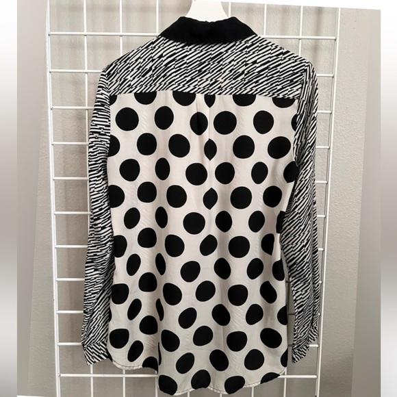 Black White Mixed Pattern Blouse Polka Dot Striped - Picture 12 of 12